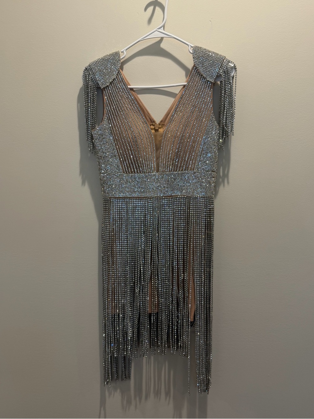 Silver Beaded Fringe Mini Dress with V-Neck - Picture 1 of 4